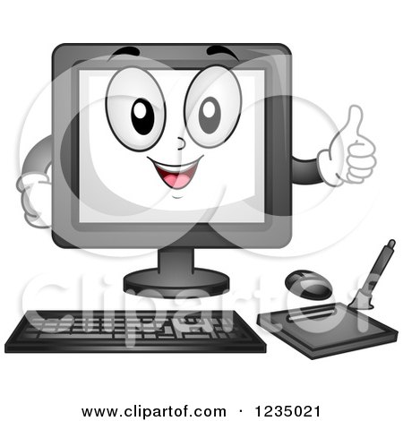 Clipart of a Happy Desktop Computer Mascot Holding a Thumb up - Royalty Free Vector Illustration by BNP Design Studio
