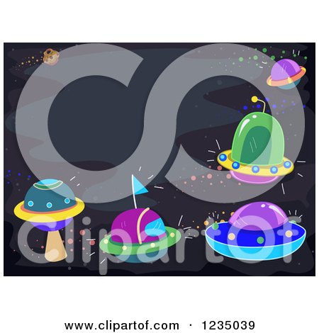 Clipart of a Border of Colorful Ufos in Outer Space - Royalty Free Vector Illustration by BNP Design Studio