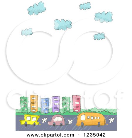 Clipart of Doodled Vehicles on a Road by a City, with Text Space - Royalty Free Vector Illustration by BNP Design Studio