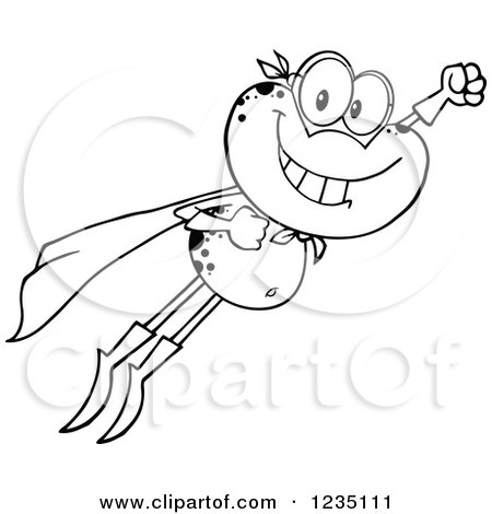 Clipart of a Black and White Super Hero Frog Character Flying - Royalty Free Vector Illustration by Hit Toon