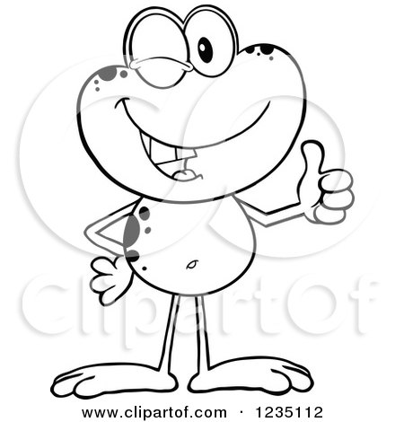 Clipart of a Black and White Frog Character Winking and Holding a Thumb up - Royalty Free Vector Illustration by Hit Toon