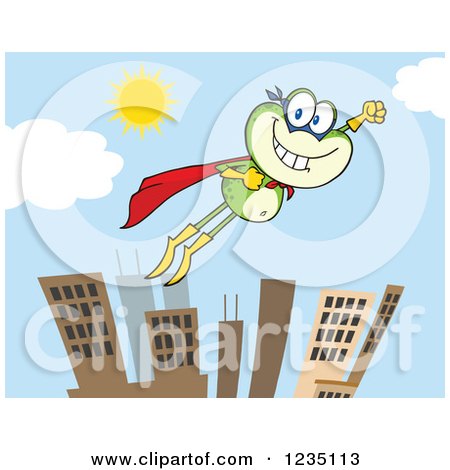 Clipart of a Super Hero Frog Character Flying over a City - Royalty Free Vector Illustration by Hit Toon