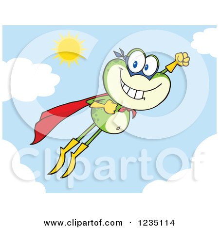 Clipart of a Super Hero Frog Character Flying in the Sky - Royalty Free Vector Illustration by Hit Toon