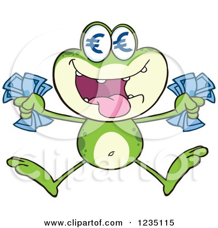 Clipart of a Rich Frog Character Jumping with Euro Cash Money and Symbol Eyes - Royalty Free Vector Illustration by Hit Toon