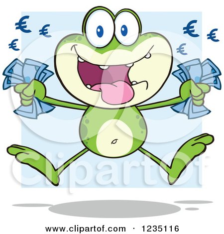 Clipart of a Happy Frog Character Jumping with Euro Cash Money - Royalty Free Vector Illustration by Hit Toon