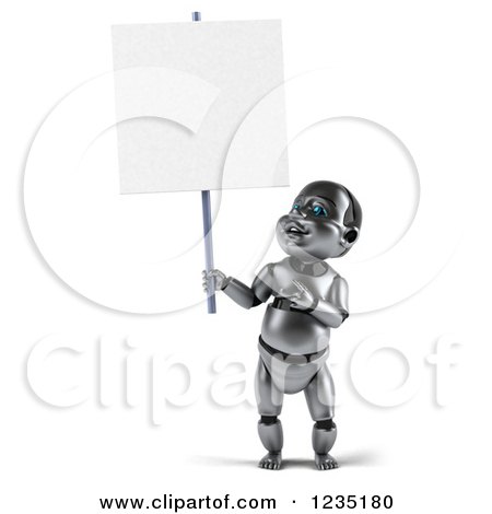 Clipart of a 3d Metal Baby Robot Pointing to and Holding a Sign - Royalty Free Illustration by Julos
