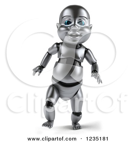 Clipart of a 3d Metal Baby Robot Taking Its First Steps - Royalty Free Illustration by Julos