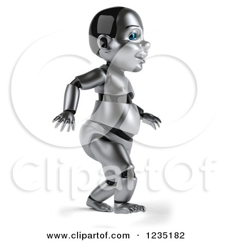 Clipart of a 3d Metal Baby Robot Taking Its First Steps 2 - Royalty Free Illustration by Julos