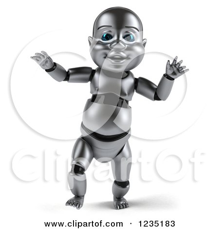 Clipart of a 3d Metal Baby Robot Taking Its First Steps 3 - Royalty Free Illustration by Julos