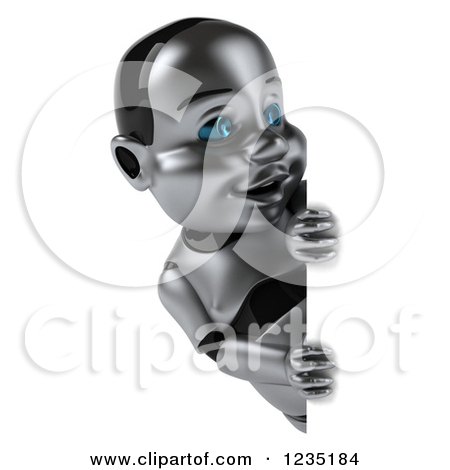 Clipart of a 3d Metal Baby Robot Smiling Around a Sign - Royalty Free Illustration by Julos