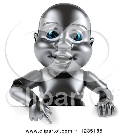 Clipart of a 3d Metal Baby Robot Pointing down to a Sign - Royalty Free Illustration by Julos