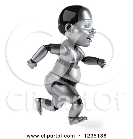 Clipart of a 3d Metal Baby Robot Running - Royalty Free Illustration by Julos