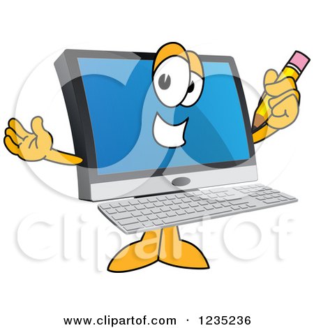 Clipart of a PC Computer Mascot Holding a Pencil - Royalty Free Vector Illustration by Mascot Junction