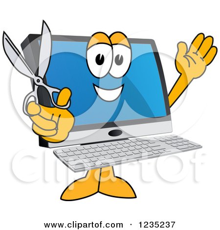 Clipart of a PC Computer Mascot Holding Scissors - Royalty Free Vector Illustration by Mascot Junction