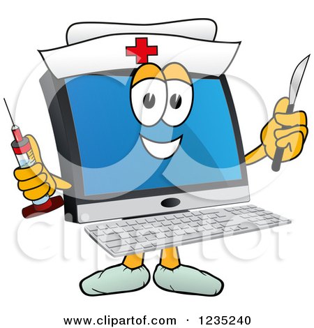Clipart of a Nurse PC Computer Mascot Holding a Syringe and Scalpel - Royalty Free Vector Illustration by Mascot Junction