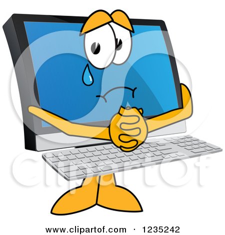Clipart of a Begging and Crying PC Computer Mascot - Royalty Free Vector Illustration by Mascot Junction