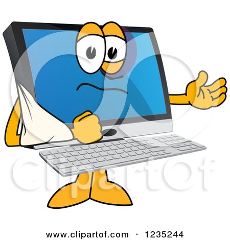 Clipart of a Beat up PC Computer Mascot with His Arm in a Sling| Royalty Free Vector Illustration by Mascot Junction