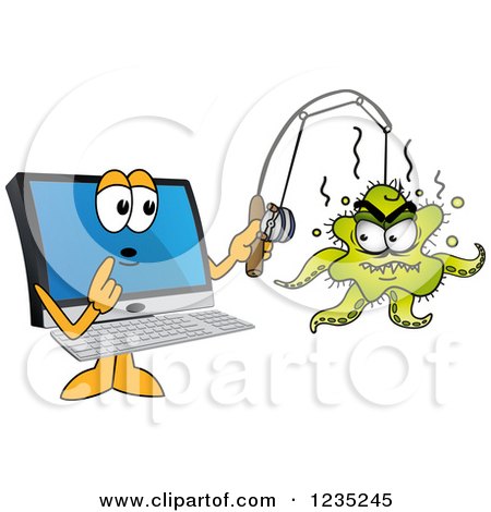 Clipart of a PC Computer Mascot Catching a Virus - Royalty Free Vector Illustration by Mascot Junction