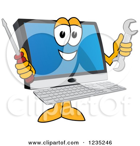 Clipart of a Happy PC Computer Mascot Holding Tools - Royalty Free Vector Illustration by Mascot Junction