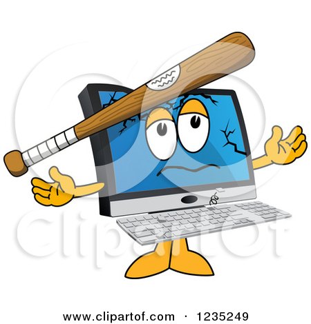 Clipart of a Baseball Bat Bashing a PC Computer Mascot - Royalty Free Vector Illustration by Mascot Junction