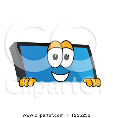 Clipart of a PC Computer Mascot Smiling over a Sign - Royalty Free Vector Illustration by Mascot Junction