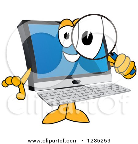 Clipart of a PC Computer Mascot Searching with a Magnifying Glass - Royalty Free Vector Illustration by Mascot Junction