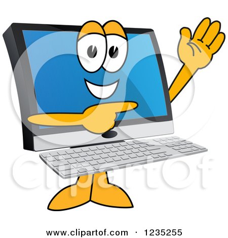 Clipart of a PC Computer Mascot Waving and Pointing - Royalty Free Vector Illustration by Mascot Junction