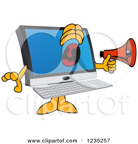 Clipart of a PC Computer Mascot Screaming into a Megaphone - Royalty Free Vector Illustration by Mascot Junction