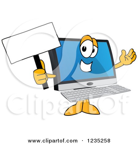 Clipart of a PC Computer Mascot Holding up a Blank Sign - Royalty Free Vector Illustration by Mascot Junction