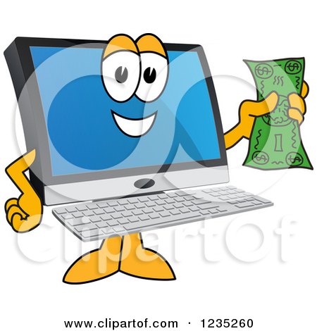 Clipart of a PC Computer Mascot Holding Cash Money - Royalty Free Vector Illustration by Mascot Junction