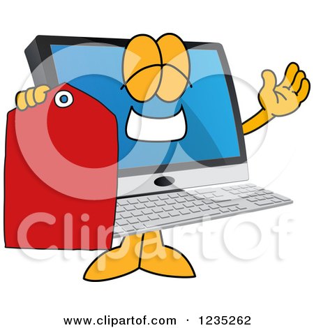 Clipart of a PC Computer Mascot Holding a Price Tag - Royalty Free Vector Illustration by Mascot Junction