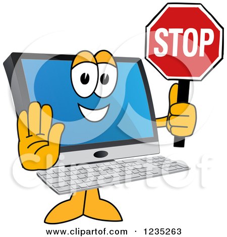 Clipart of a PC Computer Mascot Holding a Stop Sign - Royalty Free Vector Illustration by Mascot Junction