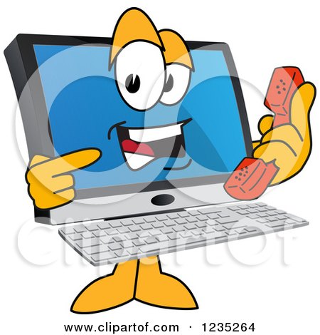 Clipart of a PC Computer Mascot Holding and Pointing to a Phone - Royalty Free Vector Illustration by Mascot Junction
