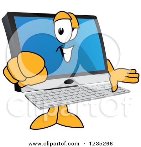 Clipart of a Pointing PC Computer Mascot - Royalty Free Vector Illustration by Mascot Junction