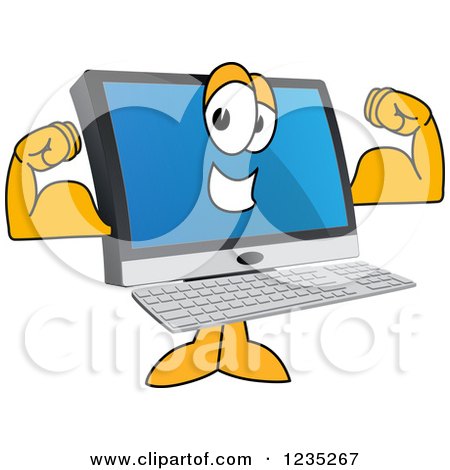 Clipart of a Flexing Strong PC Computer Mascot - Royalty Free Vector Illustration by Mascot Junction