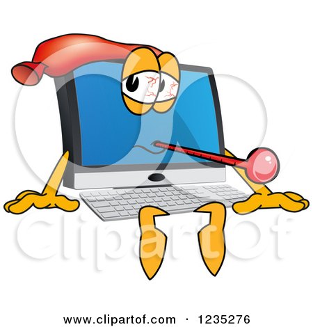Clipart of a Sick PC Computer Mascot with a Head Pack and Thermometer - Royalty Free Vector Illustration by Mascot Junction