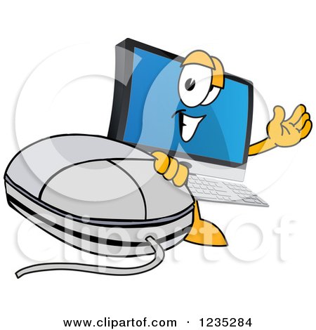 Clipart of a PC Computer Mascot Waving by a Mouse - Royalty Free Vector Illustration by Mascot Junction