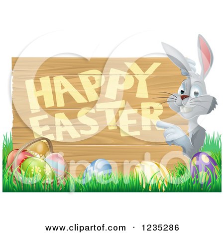 Clipart of a Gray Bunny Pointing to a Happy Easter Sign, with Easter Eggs in Grass - Royalty Free Vector Illustration by AtStockIllustration