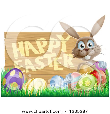 Clipart of a Brown Bunny and Happy Easter Sign, with Easter Eggs in Grass and a Basket - Royalty Free Vector Illustration by AtStockIllustration