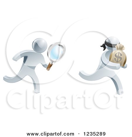 Clipart of a 3d Silver Detective Chasing a Thief with a Magnifying Glass - Royalty Free Vector Illustration by AtStockIllustration