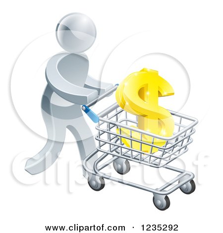 Clipart of a 3d Silver Man Pushing a Dollar Symbol in a Shopping Cart - Royalty Free Vector Illustration by AtStockIllustration