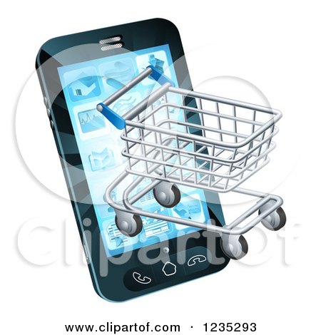 Clipart of a 3d Shopping Cart Emerging from a Smart Phone Screen - Royalty Free Vector Illustration by AtStockIllustration