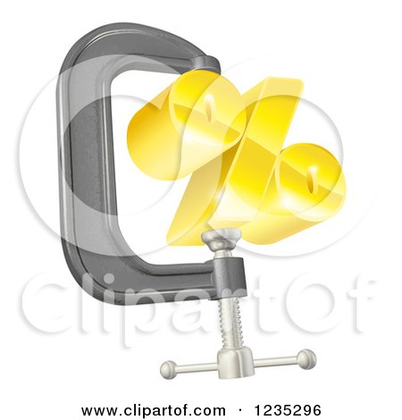 Clipart of a 3d Gold Percent Symbol in a Clamp - Royalty Free Vector Illustration by AtStockIllustration