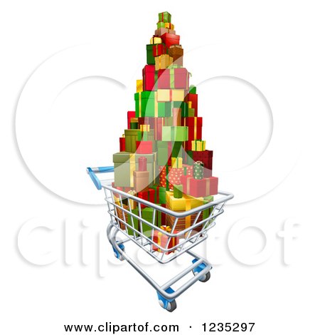 Clipart of a 3d Shopping Cart with a Stack of Christmas Presents - Royalty Free Vector Illustration by AtStockIllustration