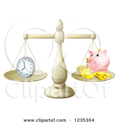 Clipart of Balanced Scales with Time and a Piggy Bank - Royalty Free Vector Illustration by AtStockIllustration