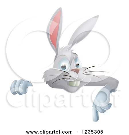 Clipart of a Gray Bunny Rabbit Pointing down over a Sign - Royalty Free Vector Illustration by AtStockIllustration
