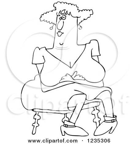 Clipart of a Black and White Sitting Woman with Large Breasts - Royalty Free Vector Illustration by djart