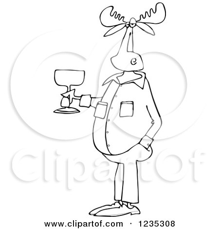Clipart of a Black and White Casual Moose Holding a Glass of Wine - Royalty Free Vector Illustration by djart