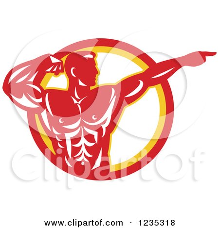 Clipart of a Red Retro Bodybuilder Flexing and Pointing over a Circle - Royalty Free Vector Illustration by patrimonio