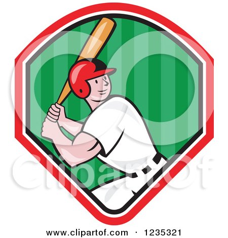 Clipart of a Cartoon Baseball Batter Man over a Shield - Royalty Free Vector Illustration by patrimonio